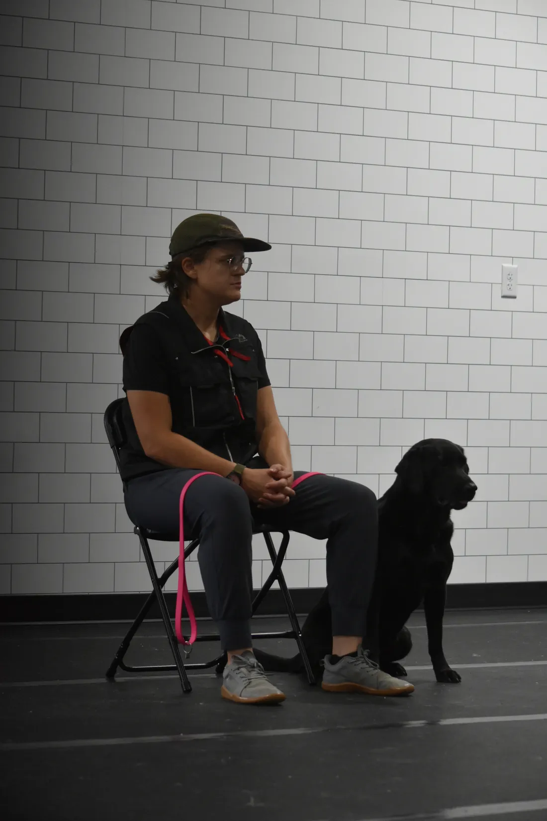 A handler working a black lab through a settle in class